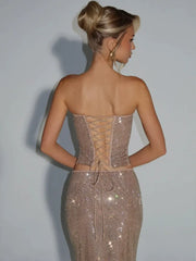 Sequin Crochet Tie Up Maxi Skirt Crop Cami 2pcs Set - Gold