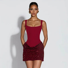 Lace Patchwork Rhinestone Bodycon Backless Slip Mini Dresses - Red