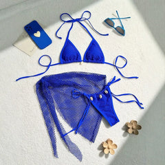 Hot Drilling Fishnet Backless Halter Neck Bra Mini Skirt Matching Set
