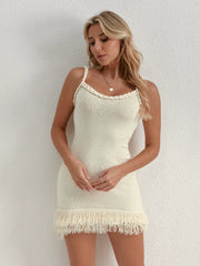 Crochet Slim Fit Fringed Hemline Slip Mini Dresses - Khaki