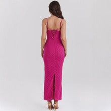Floral Trim Sequin Beady Solid Color Halter Maxi Dresses - Fuchsia Pre Order