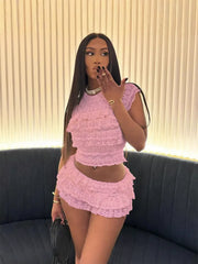 Hollow-Out Pleated Mini Skirt Suit