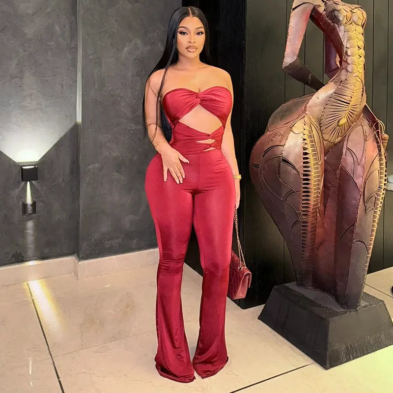 Twisted Strapless Cutout Corset Straight Leg Party Jumpsuit - Red