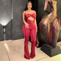 Twisted Strapless Cutout Corset Straight Leg Party Jumpsuit - Red