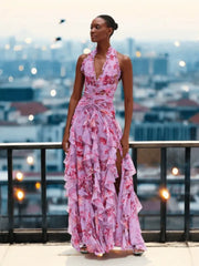 Leopard Floral Print Ruffled High Slit Halter Maxi Dresses
