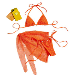 Hot Drilling Fishnet Backless Halter Neck Bra Mini Skirt Matching Set