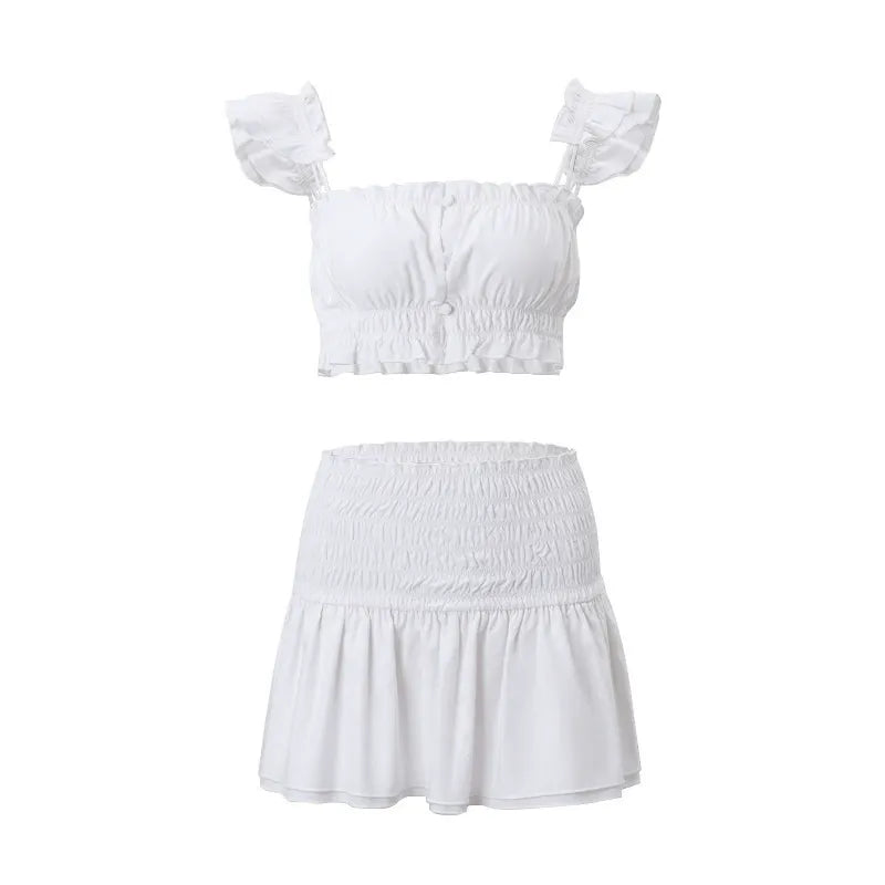 Layered Ruffled Tie Up Crop Cami Sash Mini Skirt 2pcs Set - Beige
