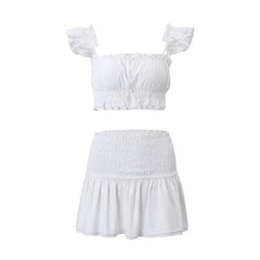 Layered Ruffled Tie Up Crop Cami Sash Mini Skirt 2pcs Set - Beige