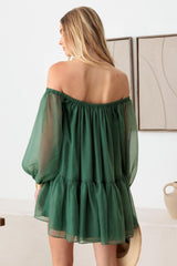 Vestido corto con hombros descubiertos y mangas abullonadas de organza de Le Lis