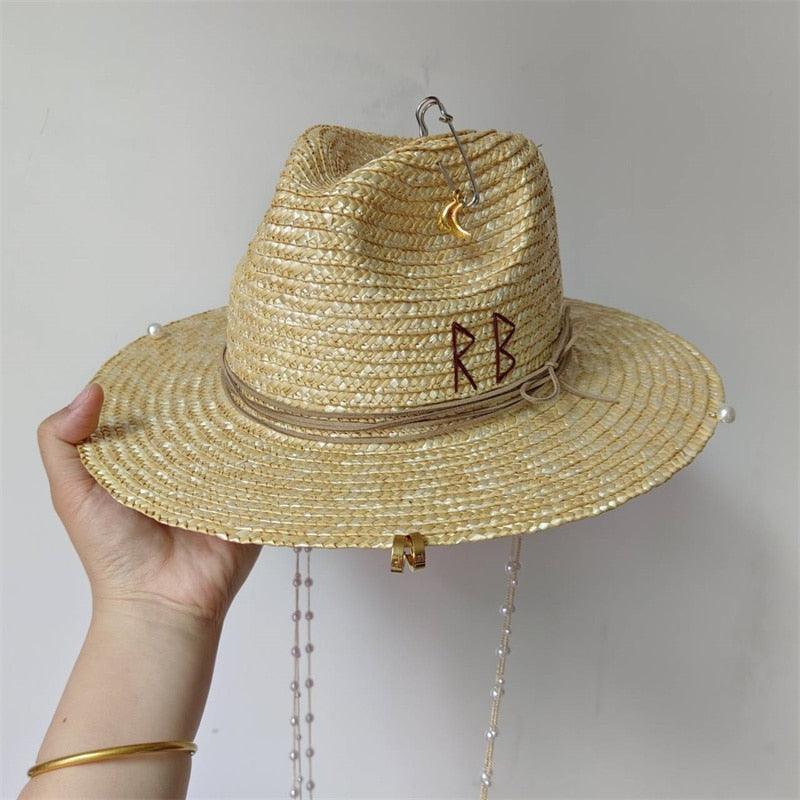Light Coffee Straw Punk Hat with Pearl Chain