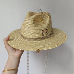 Light Coffee Straw Punk Hat with Pearl Chain