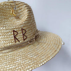 Light Coffee Straw Punk Hat with Pearl Chain