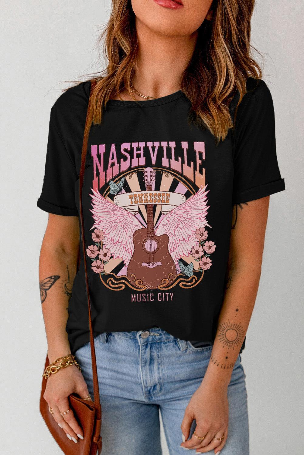 Camiseta de cuello redondo con gráfico de la ciudad musical de Nashville, Tennessee