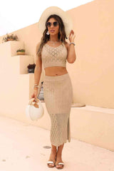 Set aus durchbrochenem, kurzem Tanktop und Schlitzrock