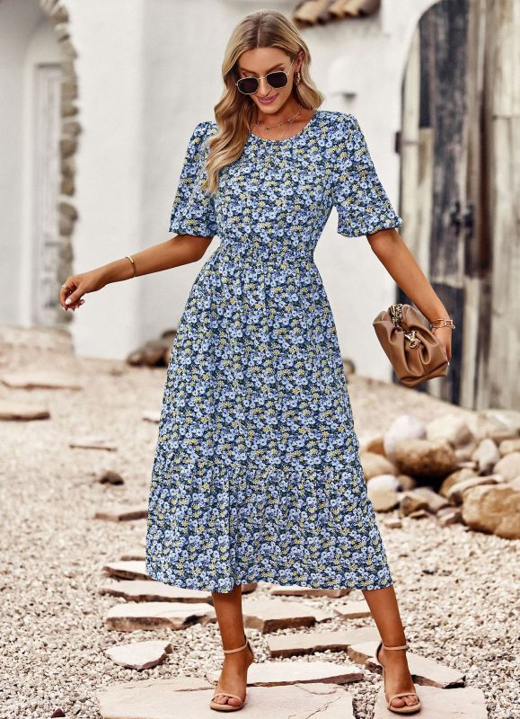 round neck printed waist temperament A-line dress