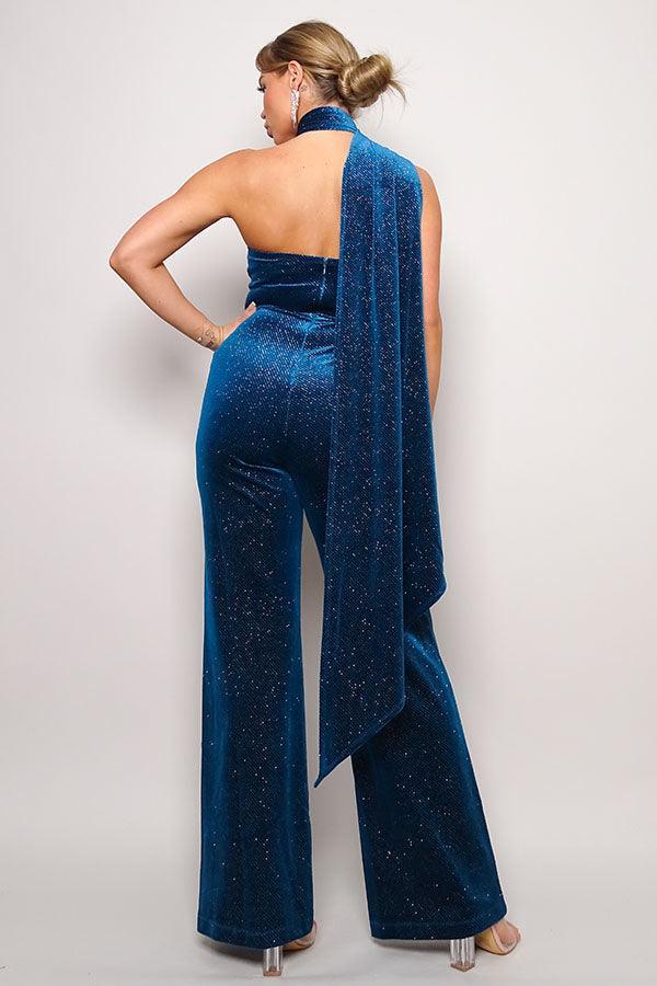 Jumpsuit aus glitzerndem Samt mit Schaloberteil