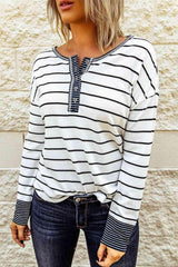 Top Henley de manga larga con punto gofre a rayas