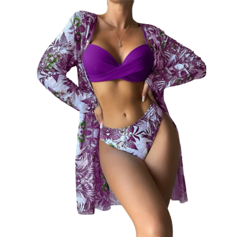 Multicolor Three Pieces Printed Cover Up Bikini For Women