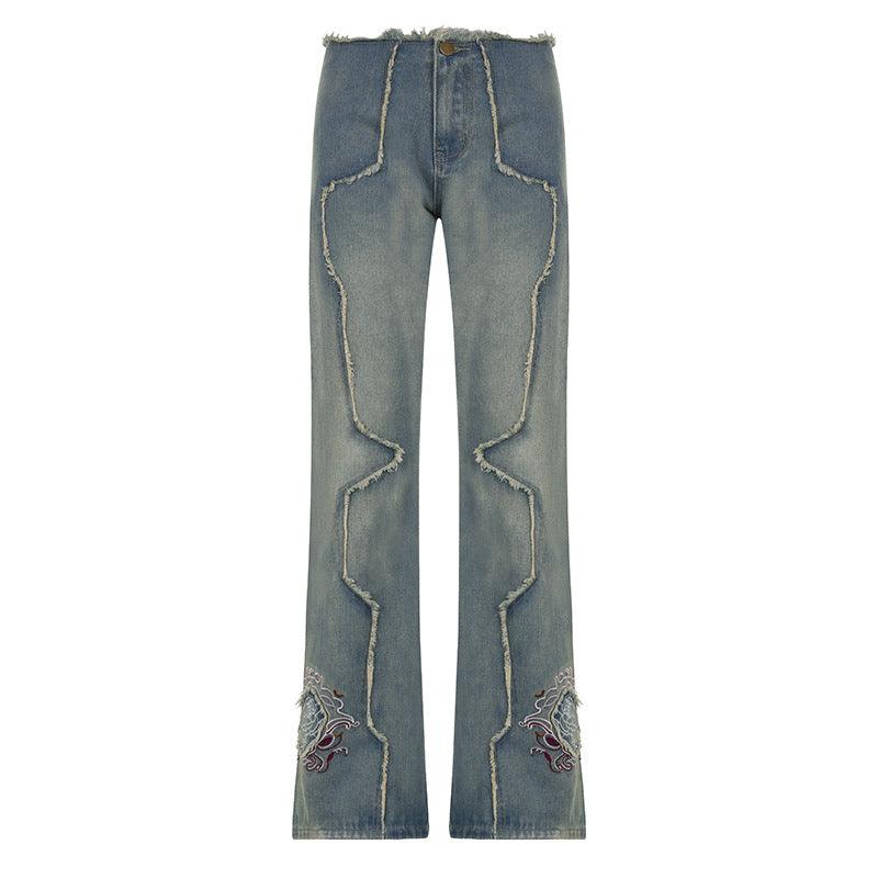 Raw Embroidered Low Rise Distressed Jeans