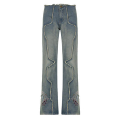 Raw Embroidered Low Rise Distressed Jeans