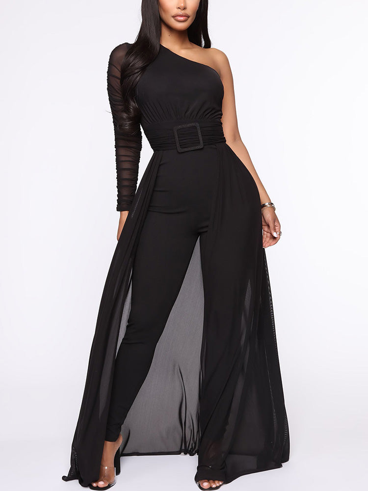 One Shoulder Mesh Jumpsuits