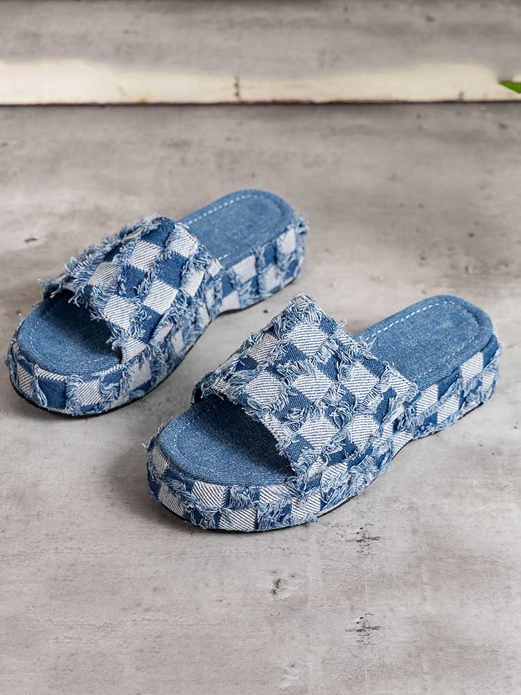 Checkerboard Raw Trim Denim Sandal