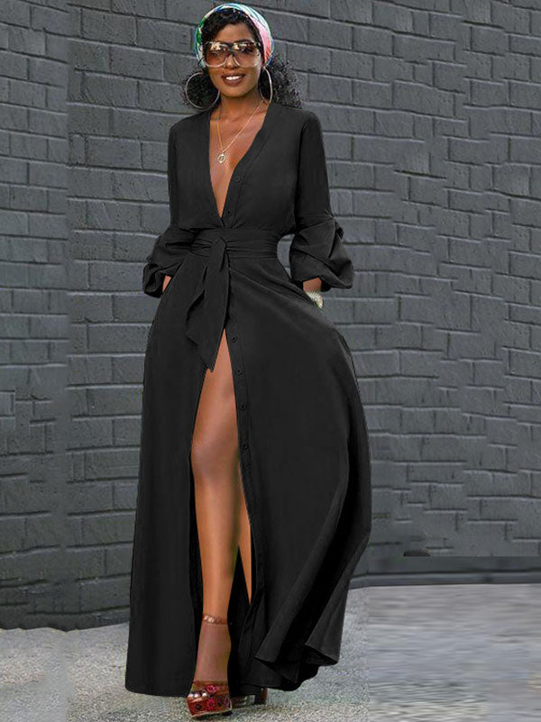 Button Down Slit V Neck Maxi Dress