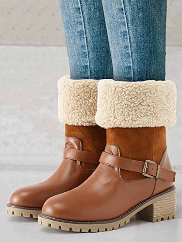 Furry Chunky Heel PU Ankle Boots