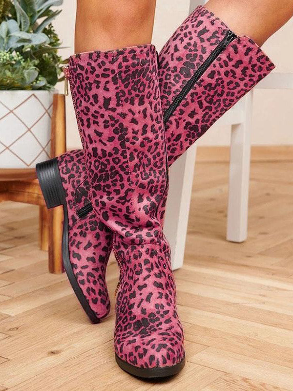 Leopard Print Side Zipper Boots