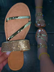 Sandalias casuales con tacón plano y diamantes de imitación