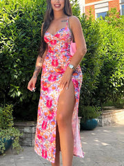 Floral Printed V Neck Slit Maxi Dress