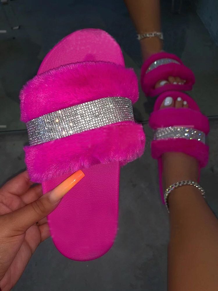 Pantuflas mullidas con cristales y diamantes de imitación para el hogar