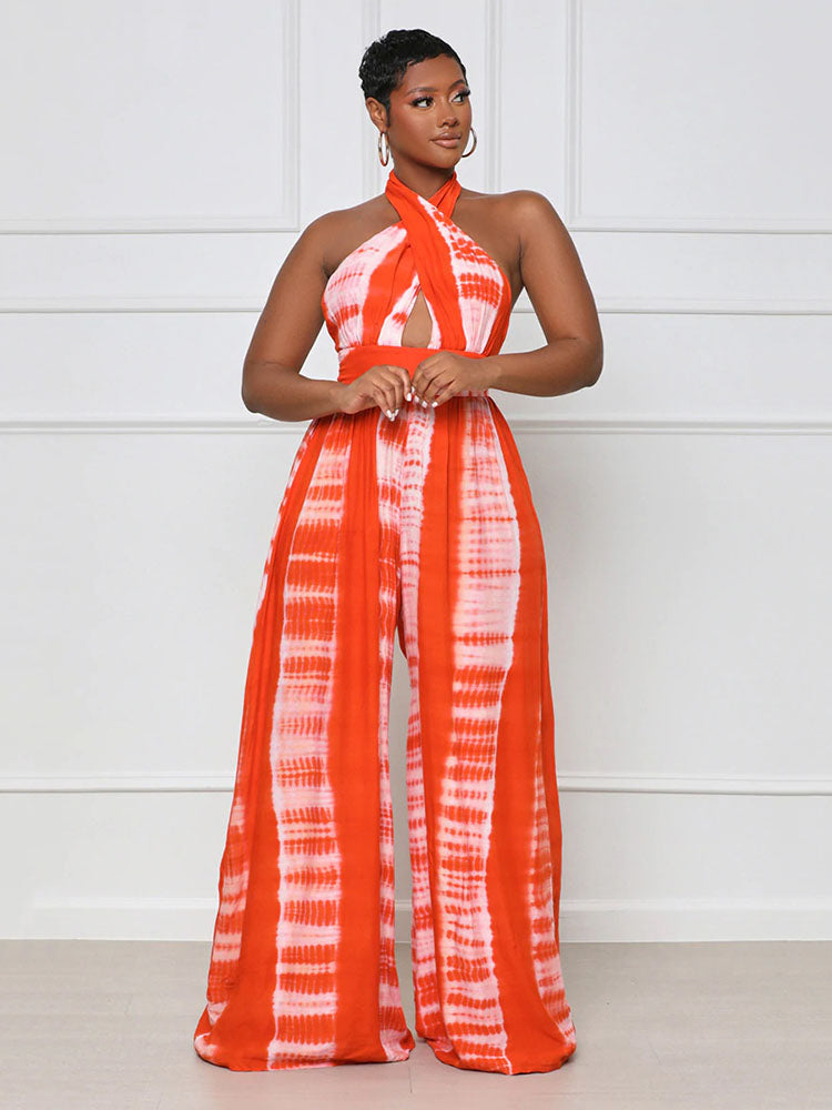 Halter Backless Printed Wide Leg Jumpsuit