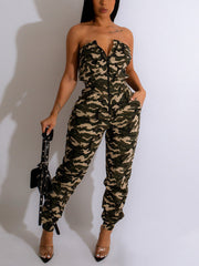 Strapless Zipper Camouflage Jumpsuit