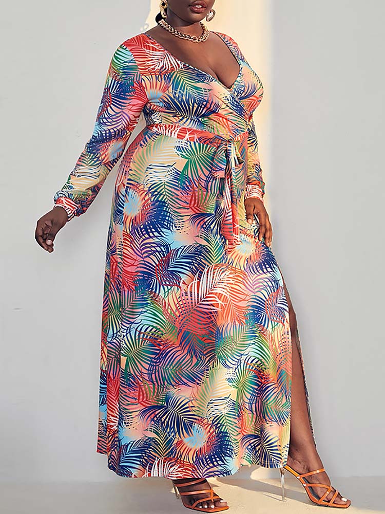 Palm Tree Printed Slit Maxi Dress
