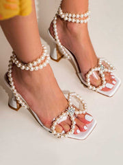 Elegant Square Toe Pearl Bow Heels