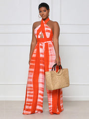 Halter Backless Printed Wide Leg Jumpsuit