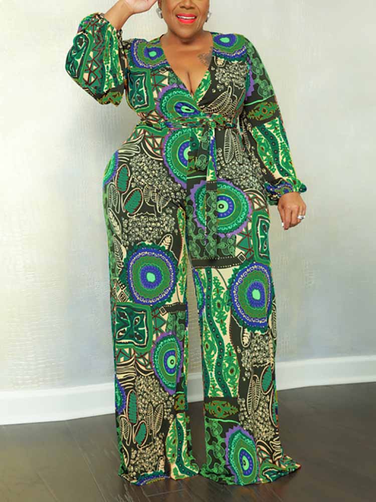 Printed Wide Leg Belt Jumpsuit