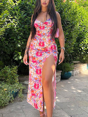 Floral Printed V Neck Slit Maxi Dress