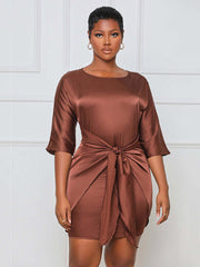 3/4 Sleeve Tie Front Satin Dress