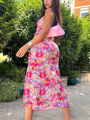 Floral Printed V Neck Slit Maxi Dress