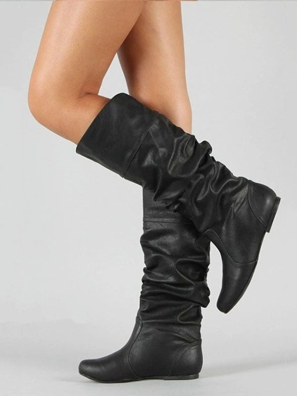 Solid Pleated Flat Heel Boots