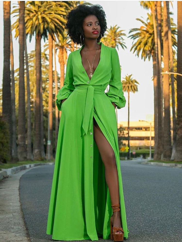 Button Down Slit V Neck Maxi Dress