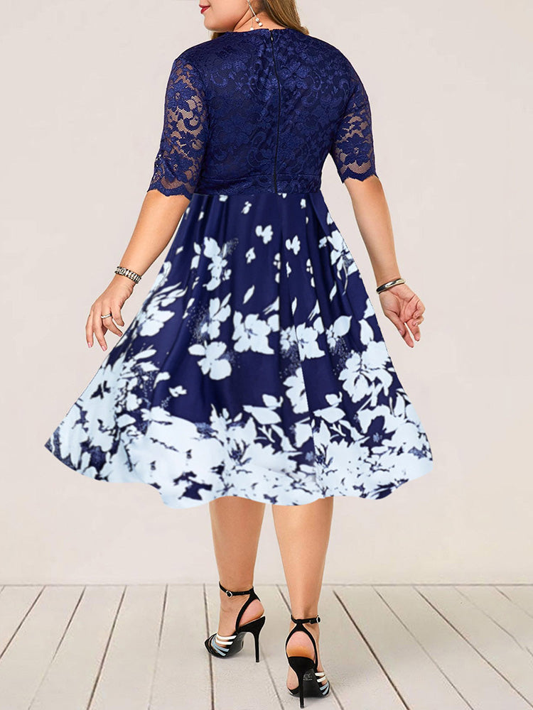 Lace Patchwork Butterfly Print Dress