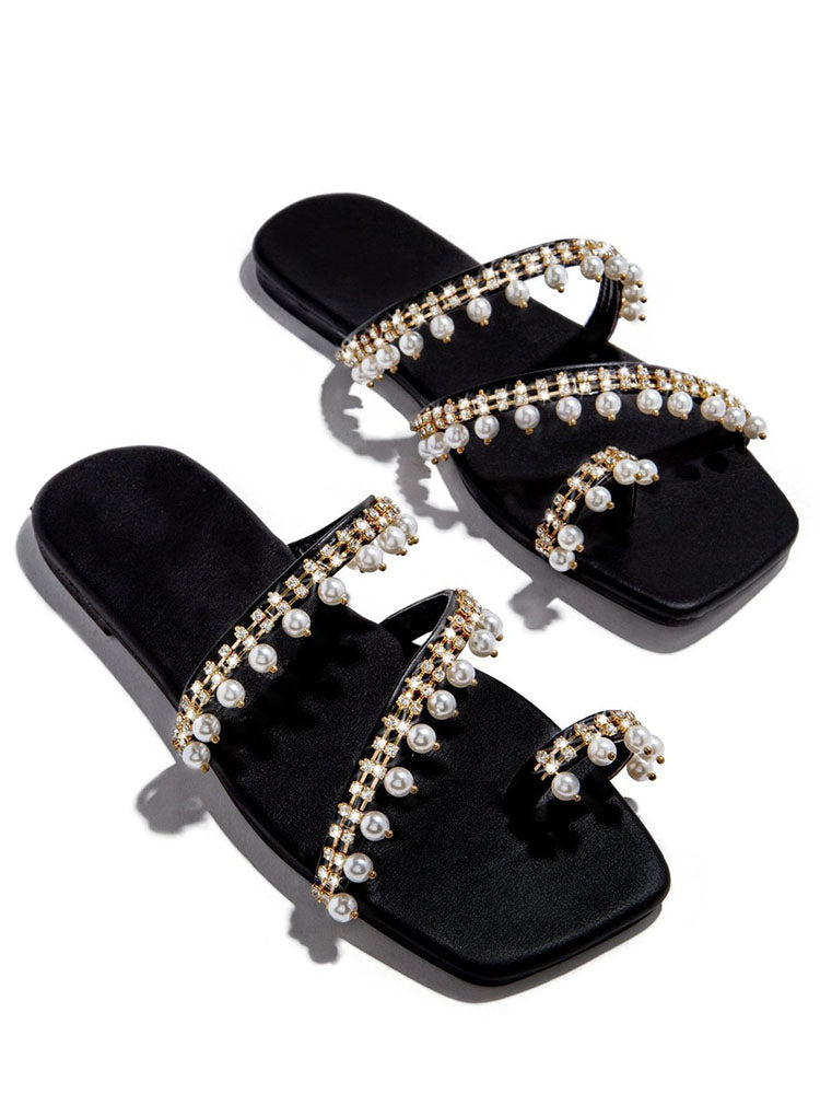 Square Toe Ring Beaded Decor Slipper