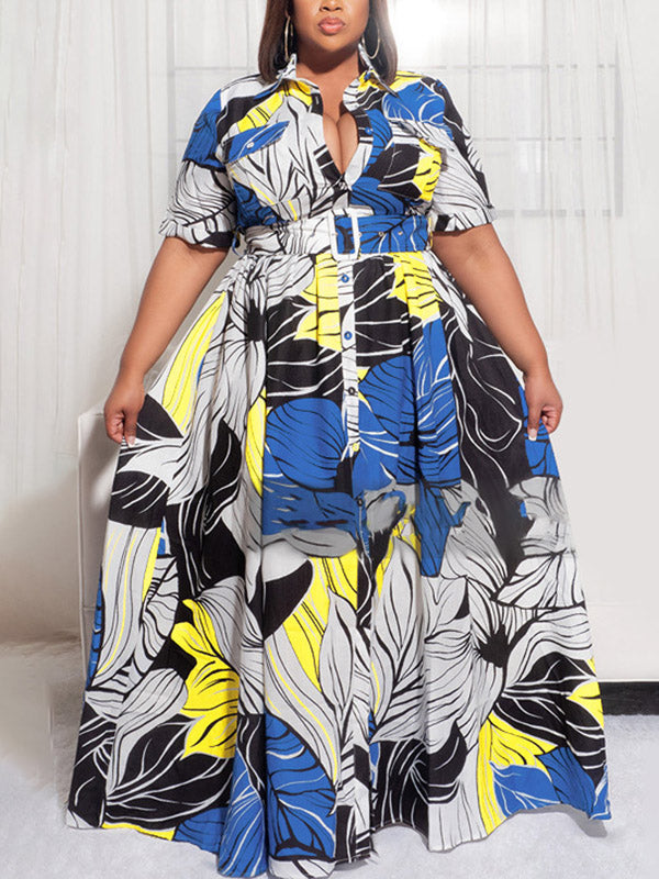 Printed V Neck Button Down Maxi Dress