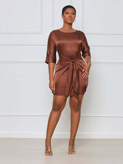 3/4 Sleeve Tie Front Satin Dress