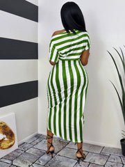 Striped One Shoulder Ruched Dress