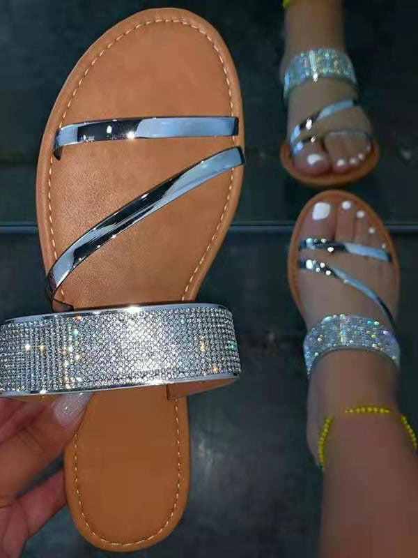 Sandalias casuales con tacón plano y diamantes de imitación