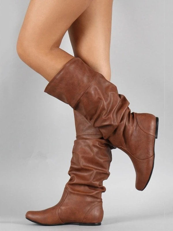 Solid Pleated Flat Heel Boots